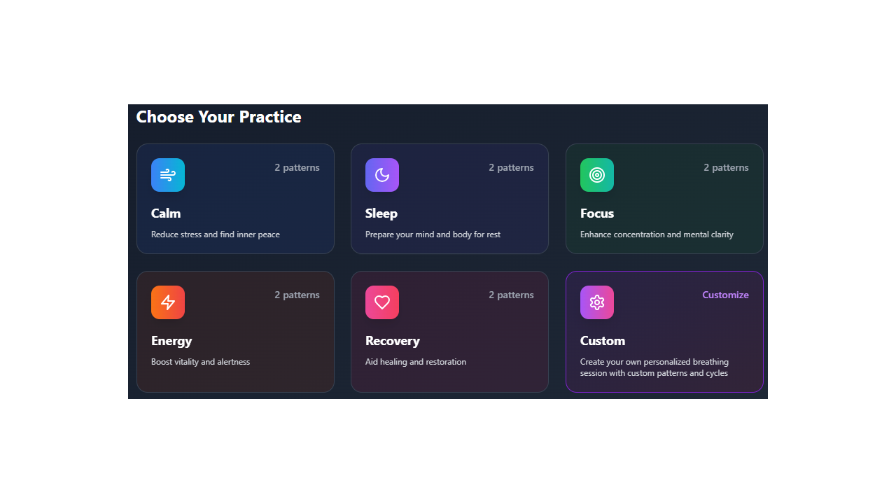 Custom breathing pattern configuration interface showing practice selection and customization options
