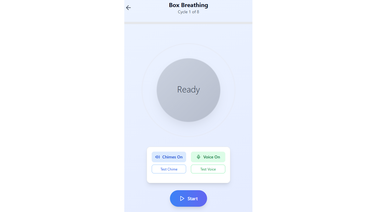 Breathing session interface showing the ready screen with audio controls and start button
